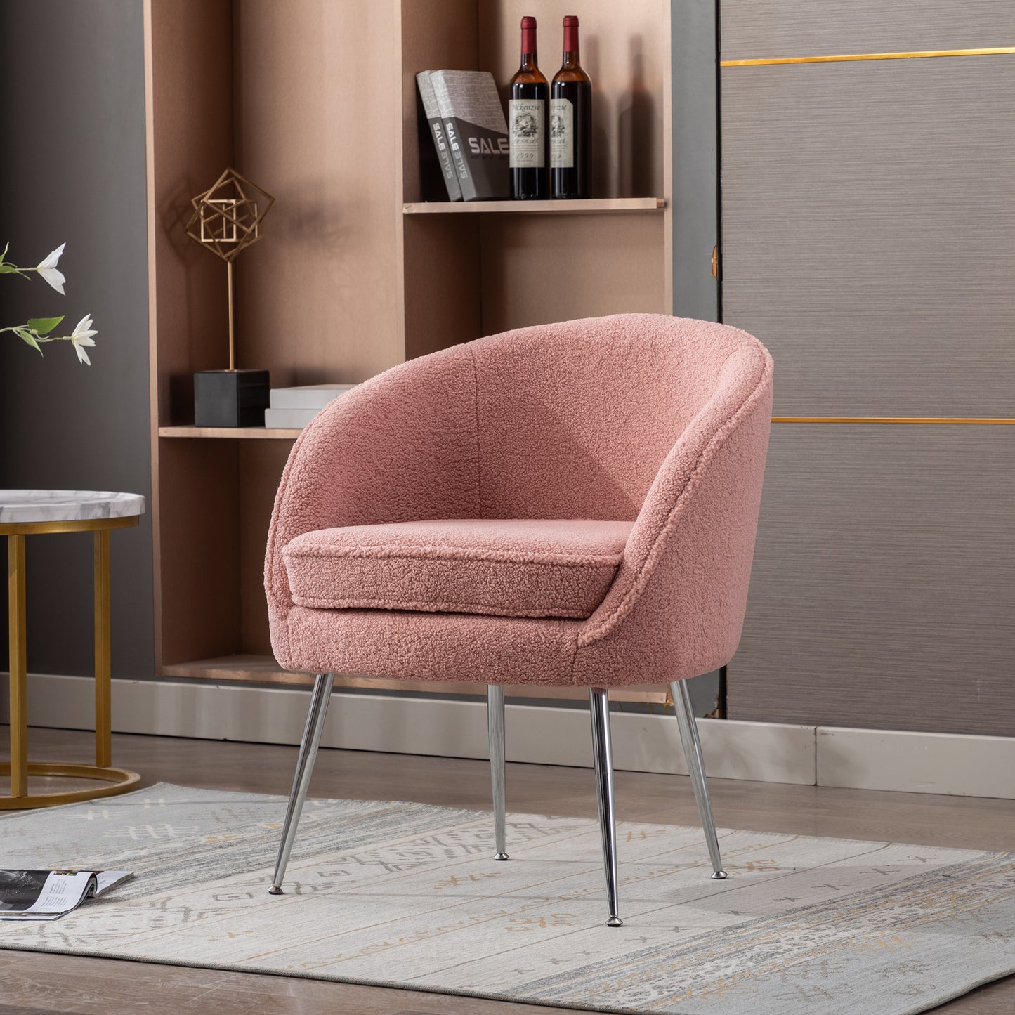 Soft Teddy Fabric Accent Armchair Dining Chair With Shining Electroplated Chrome Legs,Pink