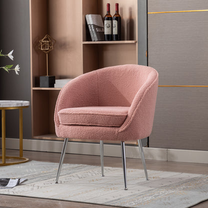 Soft Teddy Fabric Accent Armchair Dining Chair With Shining Electroplated Chrome Legs,Pink