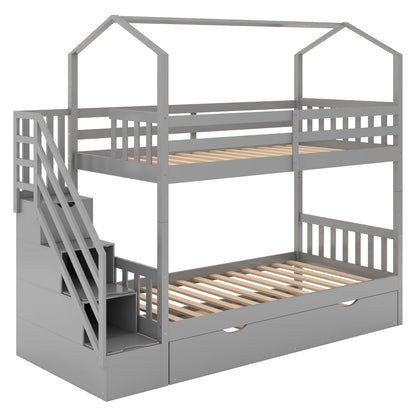 Multifunctional Twin over Twin House Bunk Bed with Staircase and Storage Space,Gray