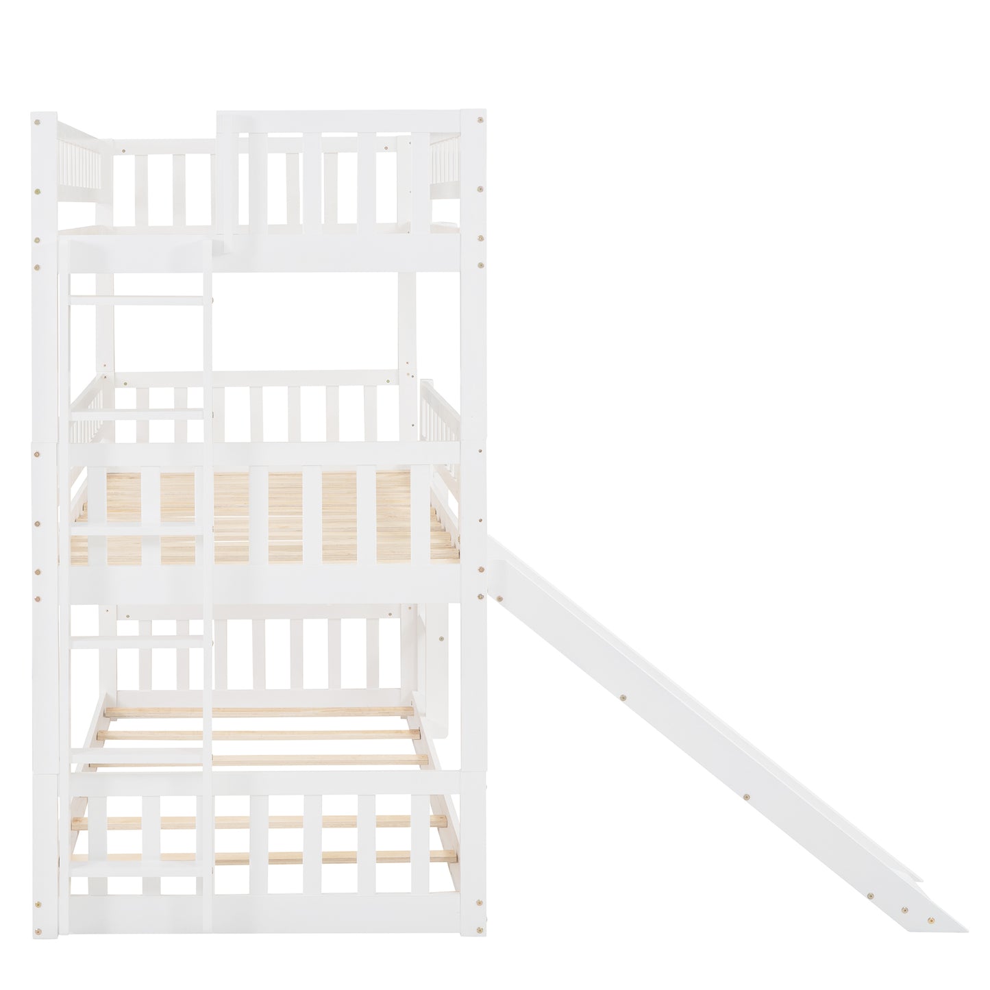 Twin-Over-Twin-Over-Twin Triple Bed with Built-in Ladder and Slide, Triple Bunk Bed with Guardrails, White(OLD SKU: LP000051AAK)