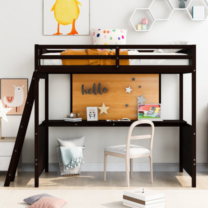 Twin size Loft Bed with Desk and Writing Board, Wooden Loft Bed with Desk - Espresso