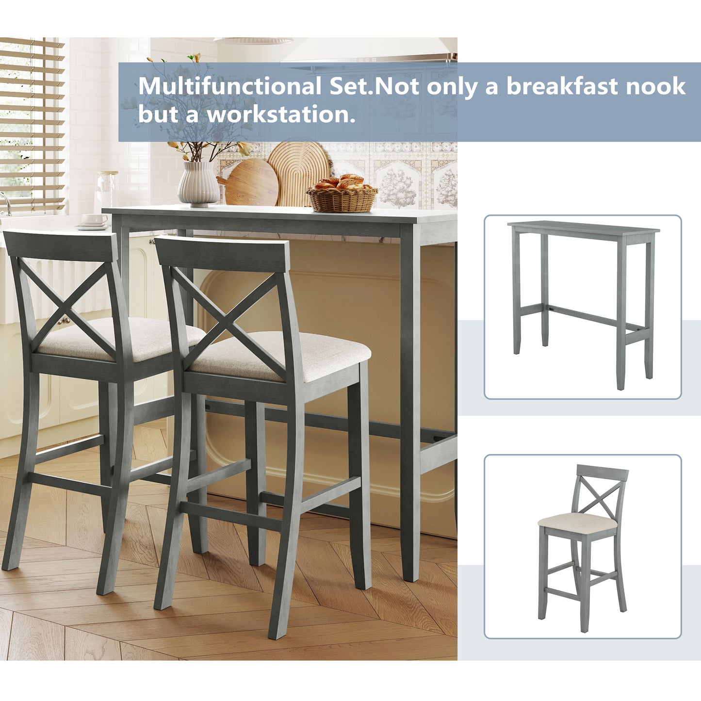 TOPMAX Farmhouse 48”Rectangular Wood Bar Height Dining Set Kitchen Breakfast Nook with 2 Chairs for Small Places,Gray