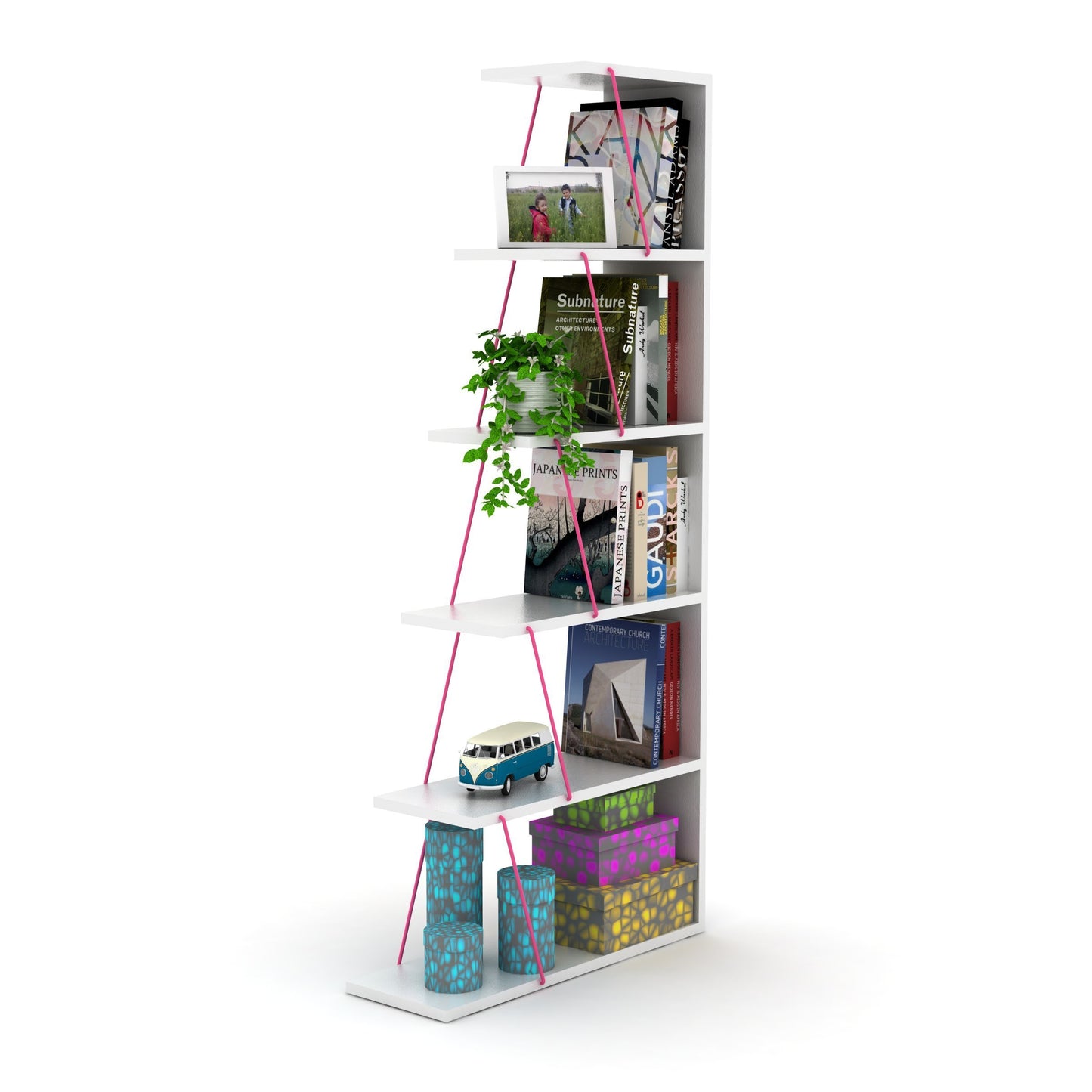 Furnish Home Store Modern 5 Tier Ladder Bookshelf Organizers, Narrow Bookshelf for Small Spaces Office Furniture Bookcase ,White/Pink