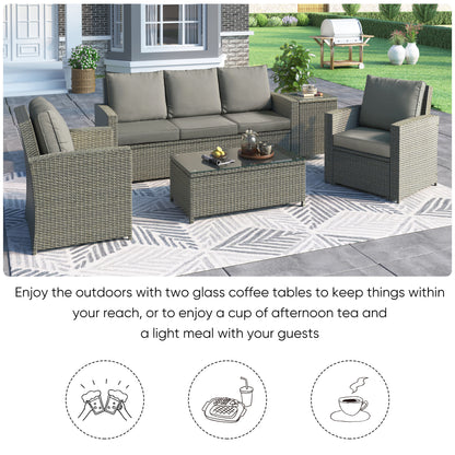 U_Style 5 Piece Rattan Sectional Seating Group with Cushions and table, Patio Furniture Sets, Outdoor Wicker Sectional
