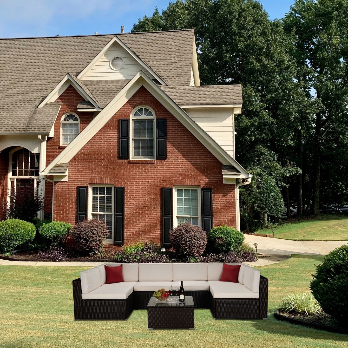 Outdoor Garden Patio Furniture 7-Piece Brown PE Rattan Wicker Sectional Beige Cushioned Sofa Sets with 2 Red Pillows