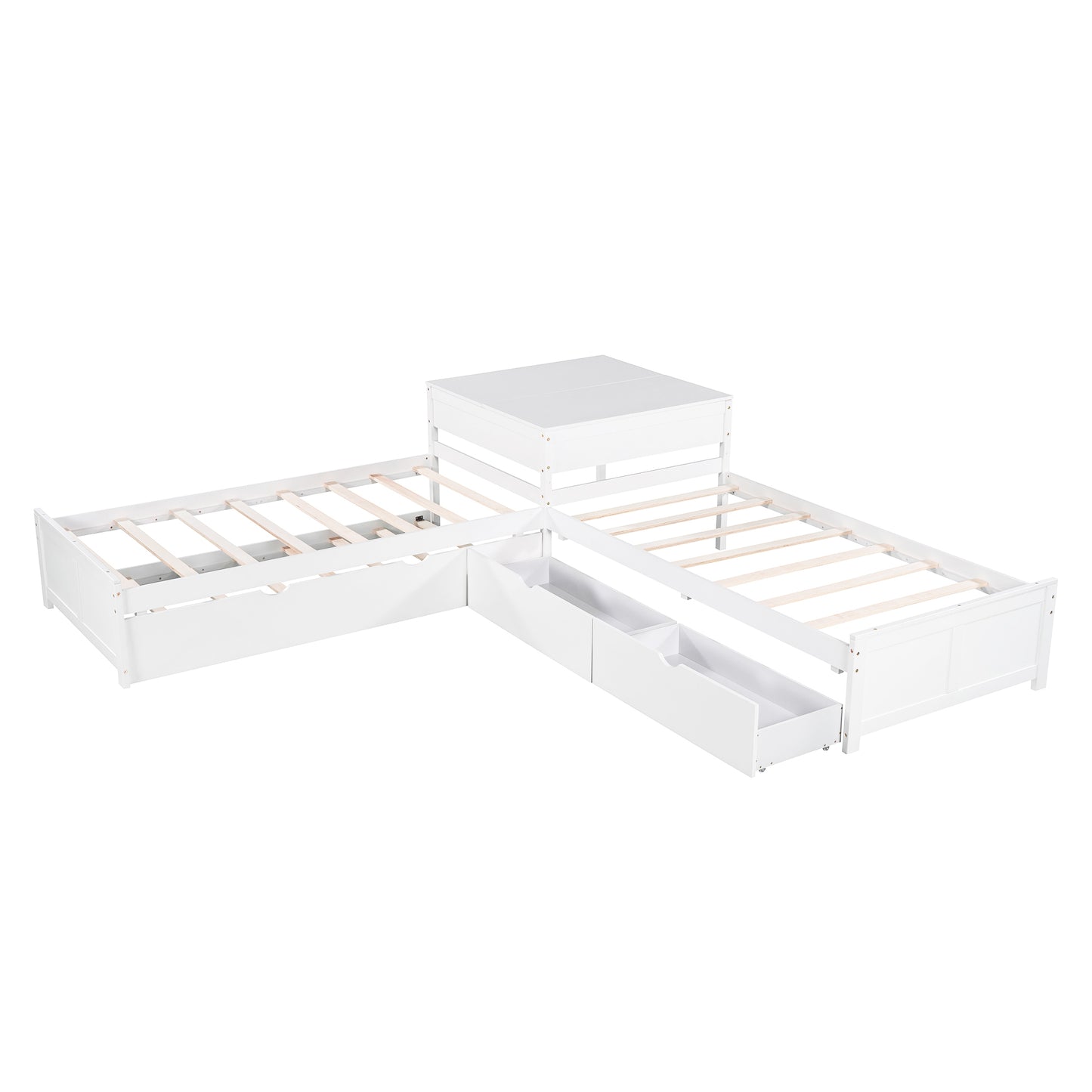 L-shaped Platform Bed with Trundle and Drawers Linked with built-in Desk,Twin,White