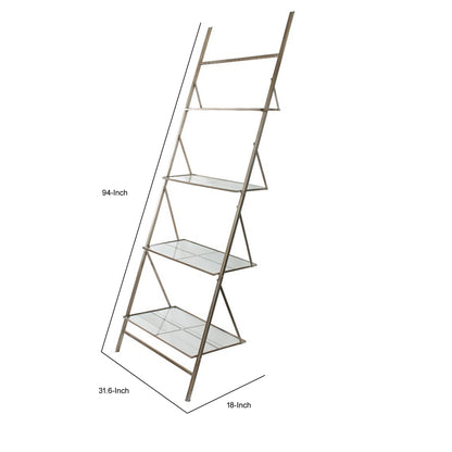 94 Inch 4 Tier Metal Frame Shelf, Ladder Style, Glass, Antique Silver