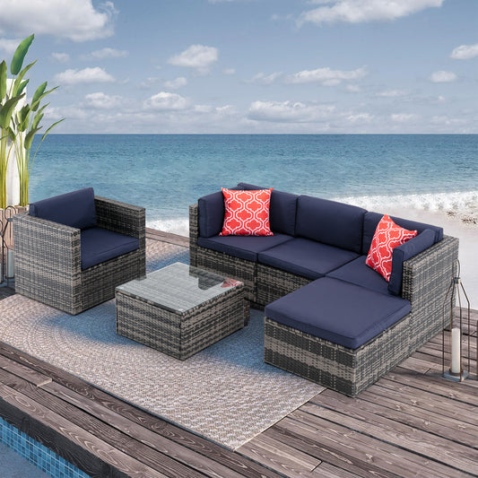 6Pcs Outdoor Garden Patio Furniture  PE Rattan Wicker  Sectional Cushioned Sofa Sets with 2 Pillows and Coffee Table