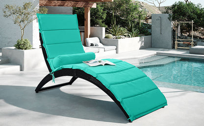 GO Patio Wicker Sun Lounger, PE Rattan Foldable Chaise Lounger with Removable Cushion and Bolster Pillow, Black Wicker and Turquoise Cushion