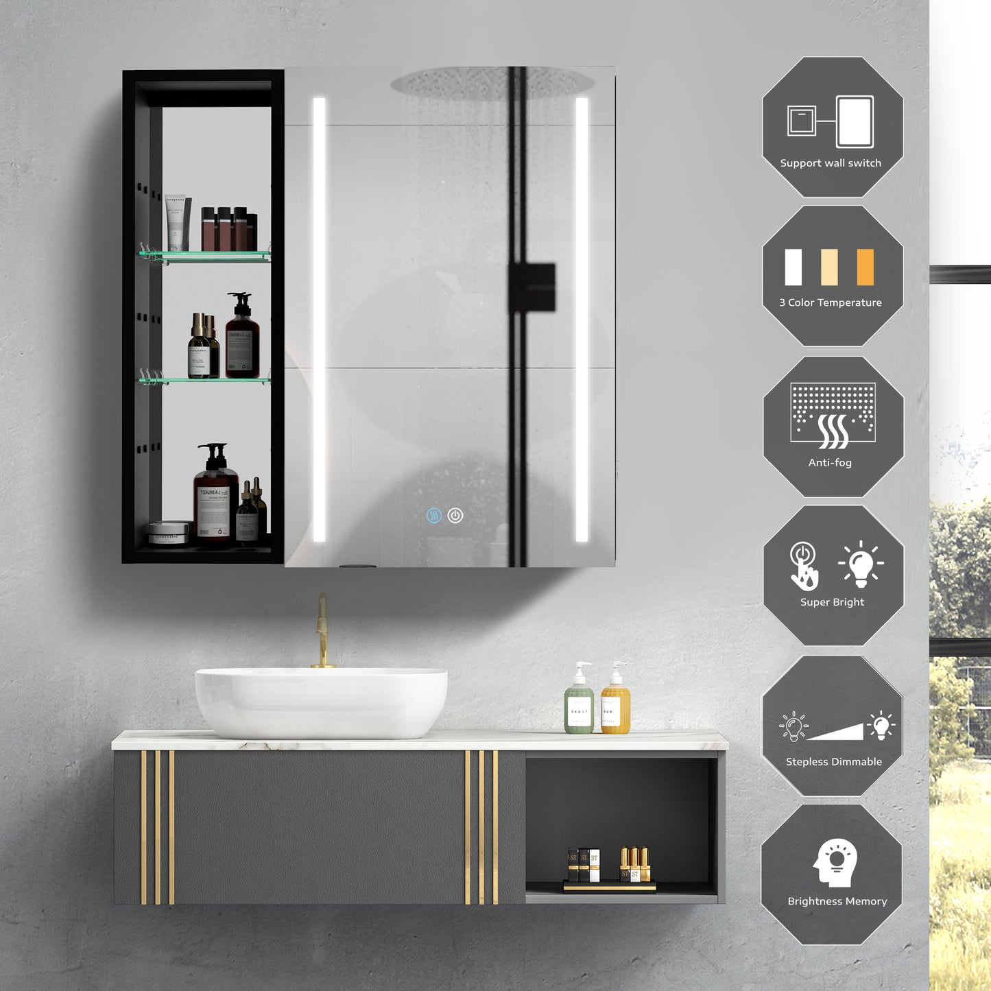 30x30 inch Bathroom Medicine Cabinets Surface Mounted Cabinets With Lighted Mirror, Small Cabinet No Door