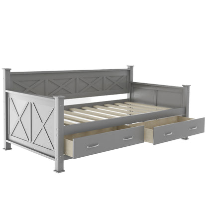 Twin Size Daybed with 2 Large Drawers, X-shaped Frame, Modern and Rustic Casual Style Daybed, Gray(New)