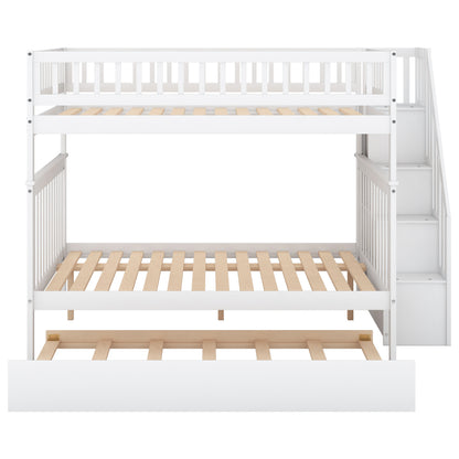 Full over Full Bunk Bed with Trundle and Staircase,White