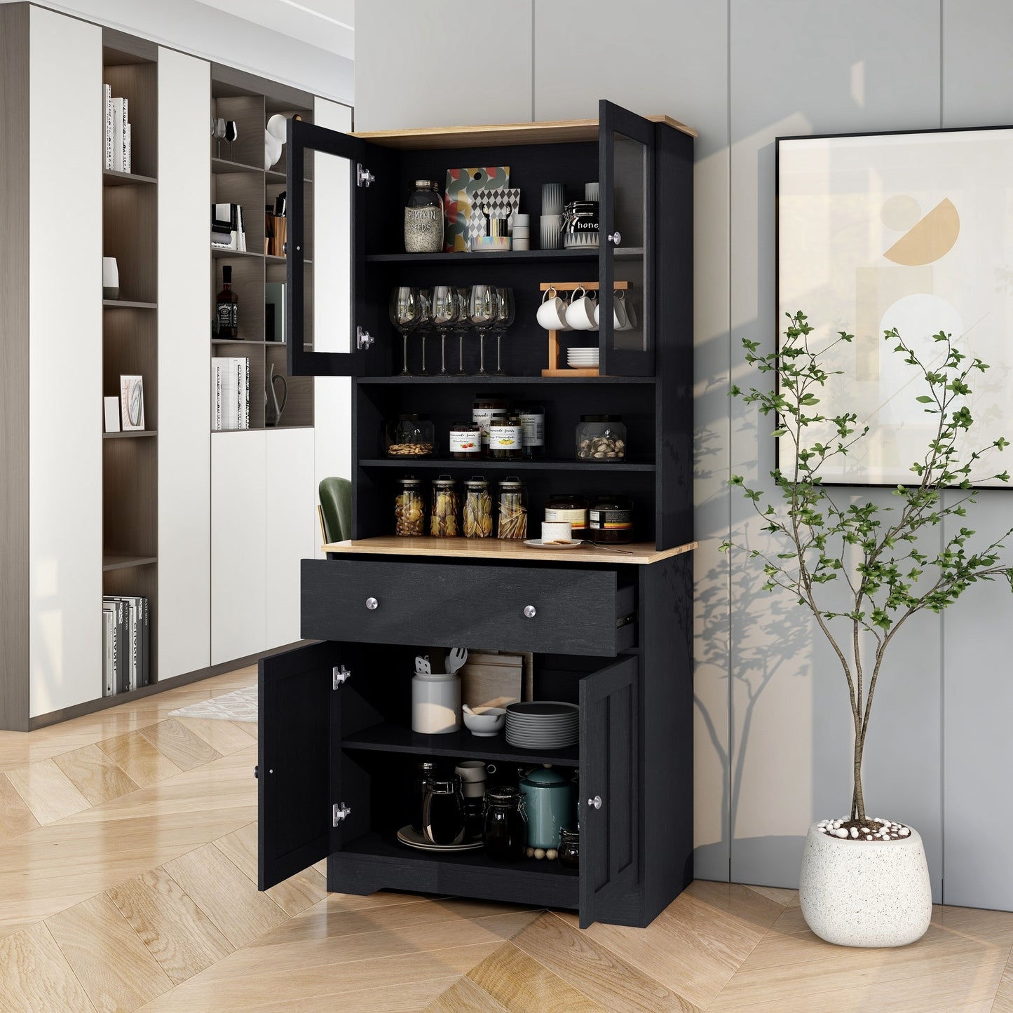 TREXM 70.9" Multifunctional Pantry Cabinet MDF Storage Cabinet with Glass Doors, A Large Drawer and Adjustable Shelves (Black)