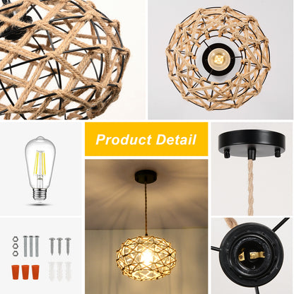 Hemp Rope Cage Pendant Light with LED Bulb