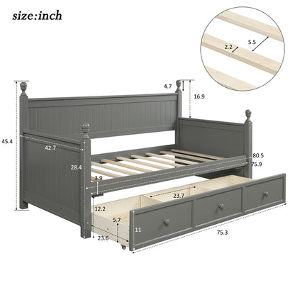 Wood Daybed with Three Drawers ,Twin Size Daybed,No Box Spring Needed ,Gray