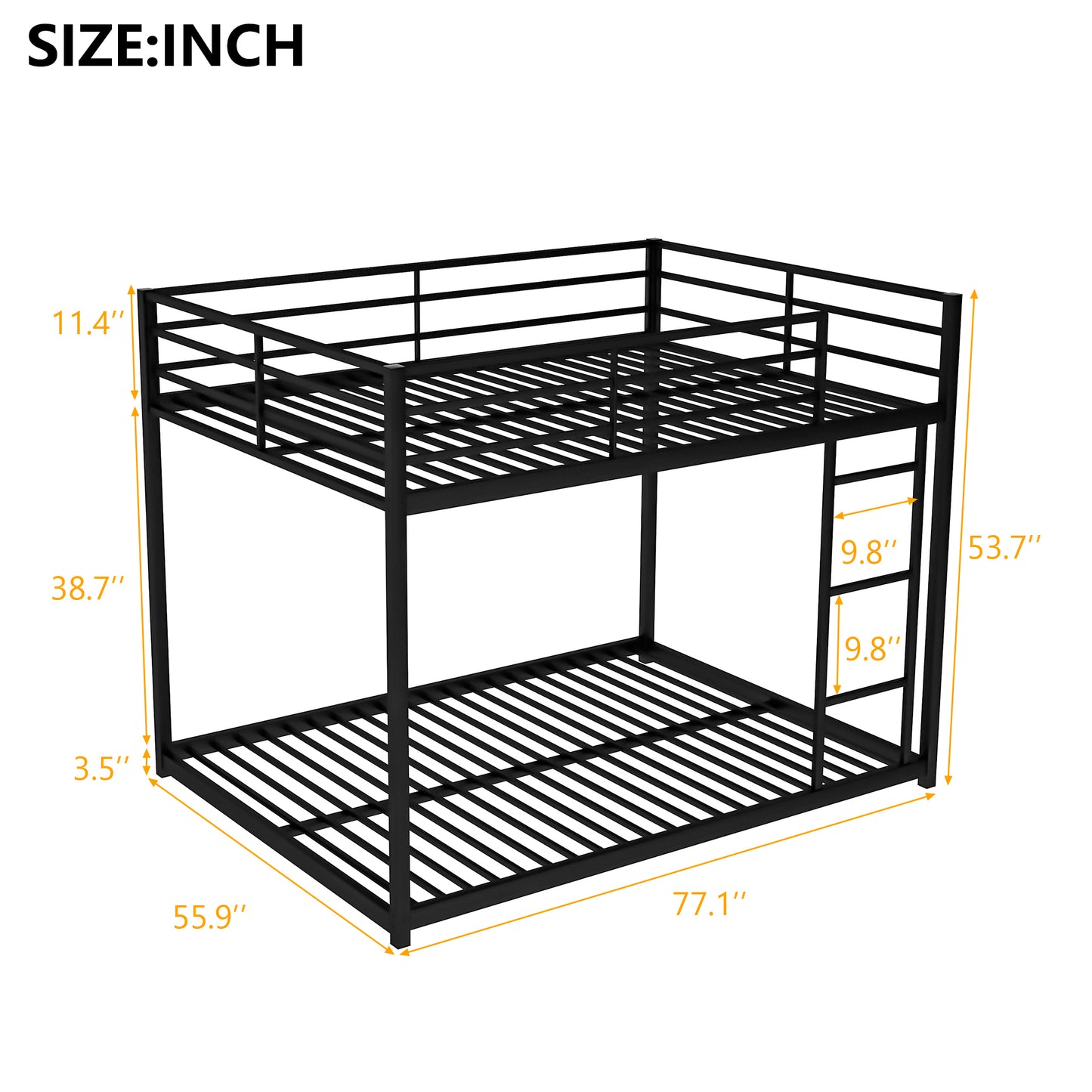 Full over Full Metal Bunk Bed, Low Bunk Bed with Ladder, Black（Old SKU:MF197034AAB）