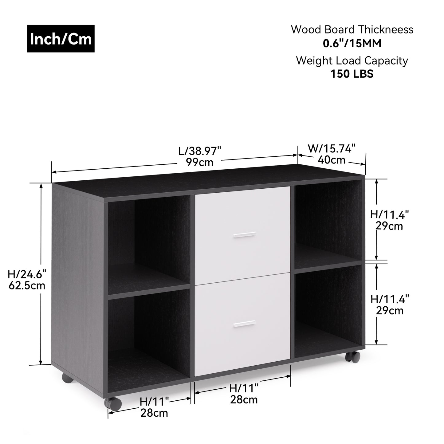 Mobile wood filing cabinet with 2 drawers and 4 open storage cabinets and wheels for home office, black oak light grey