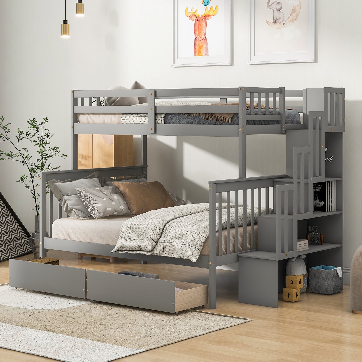 Twin Over Full Bunk Bed with 2 Drawers and Staircases, Convertible into 2 Beds, the Bunk Bed with Staircase and Safety Rails for Kids, Teens, Adults, Grey