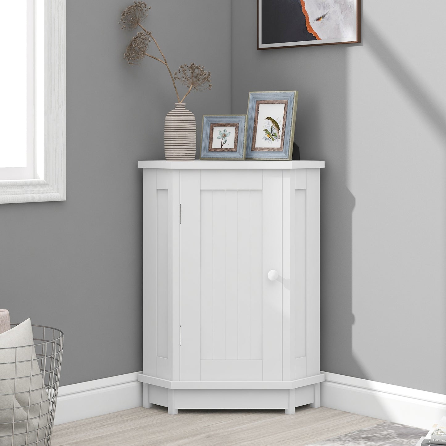 White Bathroom Cabinet Triangle Corner Storage Cabinet with Adjustable Shelf Modern Style MDF Board