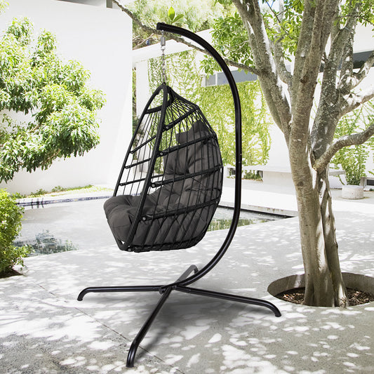 Swing Egg Chair with Stand Indoor Outdoor Wicker Rattan Patio Basket Hanging Chair with C Type bracket , with cushion and pillow,Patio Wicker folding Hanging Chair( Black New arrivals within 10 days)