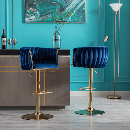 Set of 2  Bar Stools,with Chrome Footrest and Base Swivel Height Adjustable Mechanical Lifting Velvet + Golden Leg Simple Bar Stool-Navy