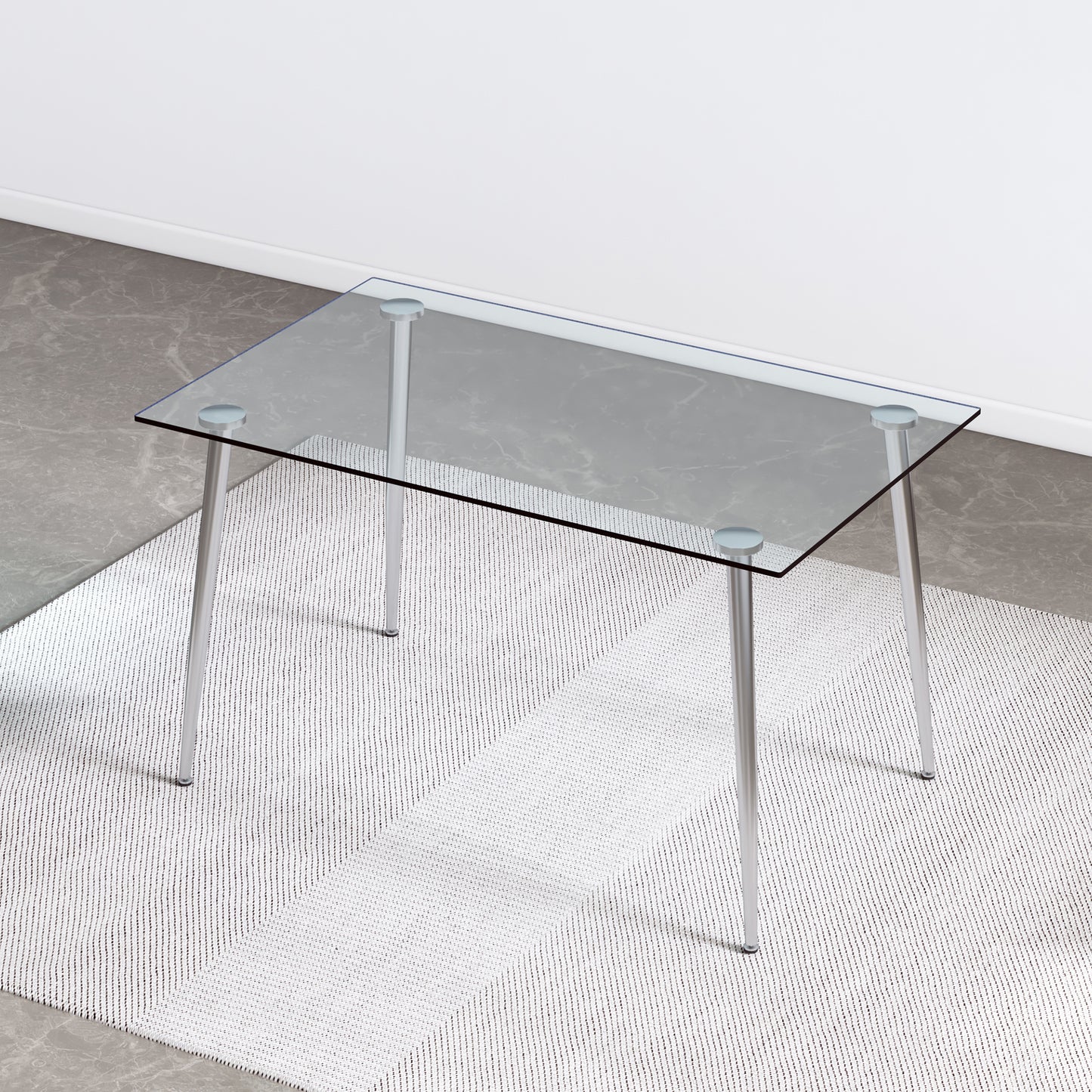 Modern Minimalist Rectangular Glass  Dining Table for 4-6 with 0.31" Tempered Glass Tabletop and Silver plating Metal Legs, Writing Table Desk, for Kitchen Dining Living Room, 51" W x 31"D x 30" H