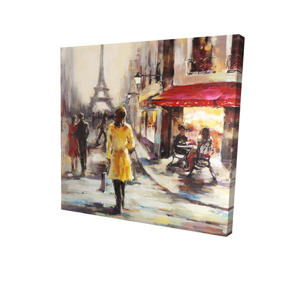 Yellow coat woman walking on the street - 32x32 Print on canvas