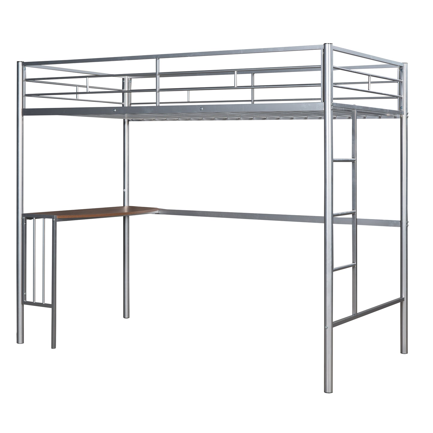 Twin Over Full Metal Bunk Bed with Desk, Ladder and Quality Slats for Bedroom, Metallic Silver（OLD SKU :LP000092AAN）