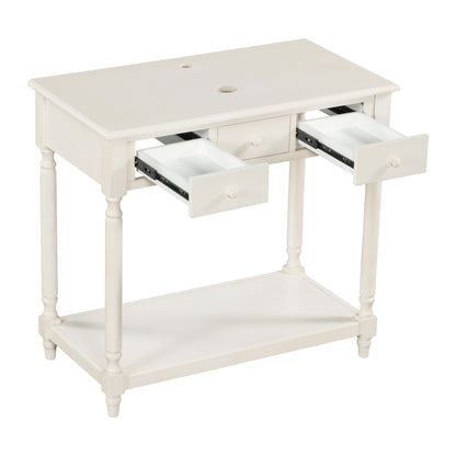 36" Bathroom Vanity Base without Sink, Open Storage Shelf, Two Drawers, Pre-Drilled Holes, Roman Style, Antique White