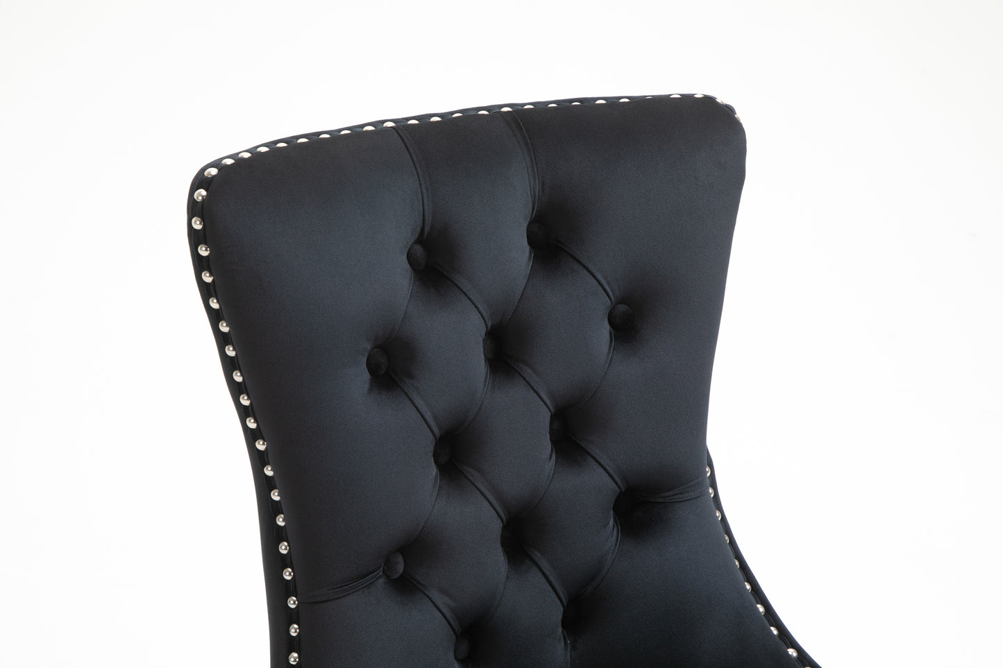 Upholstered Button Tufted Back Black Velvet Dining Chair with Nailhead Trim and Solid Wood Legs 2 Sets