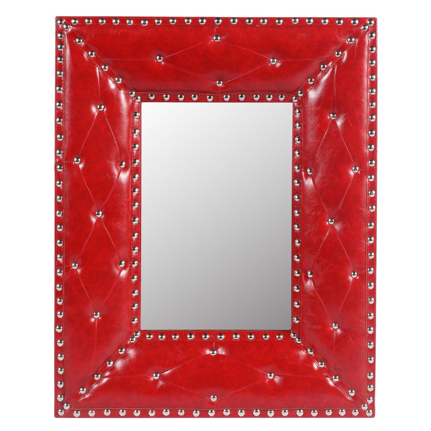 RED Rectangle Decorative Wall Hanging Mirror,Rivet Decoration,PU Covered MDF Framed Mirror for Bedroom Living Room Vanity Entryway Wall Decor,21x26inch