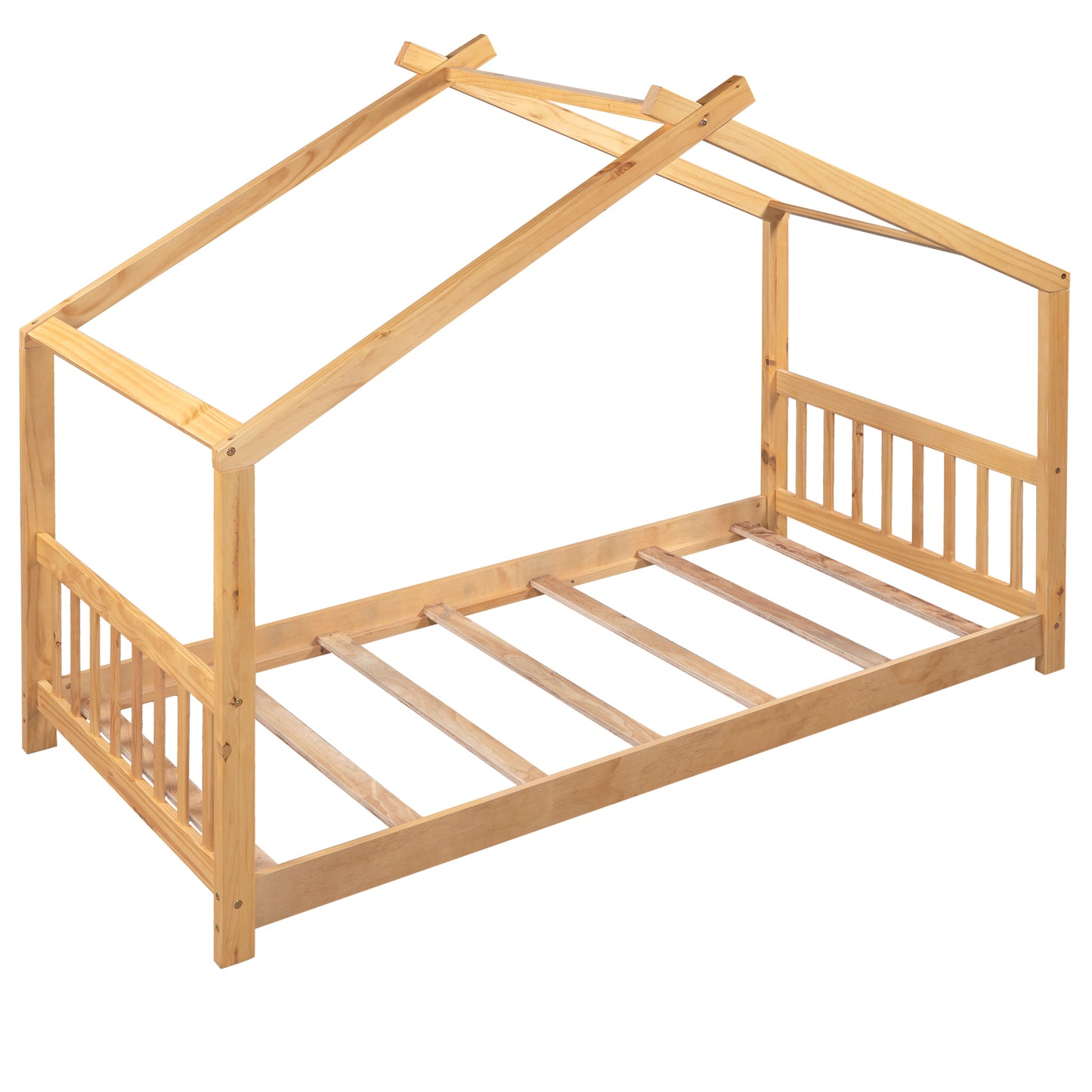 Twin Size House Platform Bed with Headboard and Footboard,Roof Design，Natural