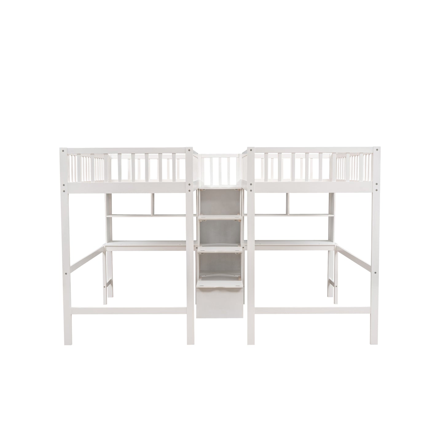 Twin & Twin Size Loft Bed with 2 Built-in Desks and Shelves, Storage Staircase, White