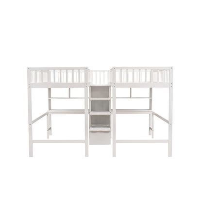 Twin & Twin Size Loft Bed with 2 Built-in Desks and Shelves, Storage Staircase, White