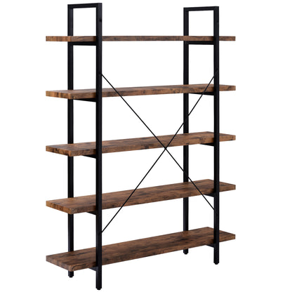 ON-TREND  5-tier Industrial Bookcase with Rustic Wood and Metal Frame, Large Open Bookshelf for Living Room（Distressed Brown）