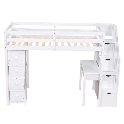 Twin size Loft Bed with Storage Drawers ,Desk and Stairs, Wooden Loft Bed with Shelves - White