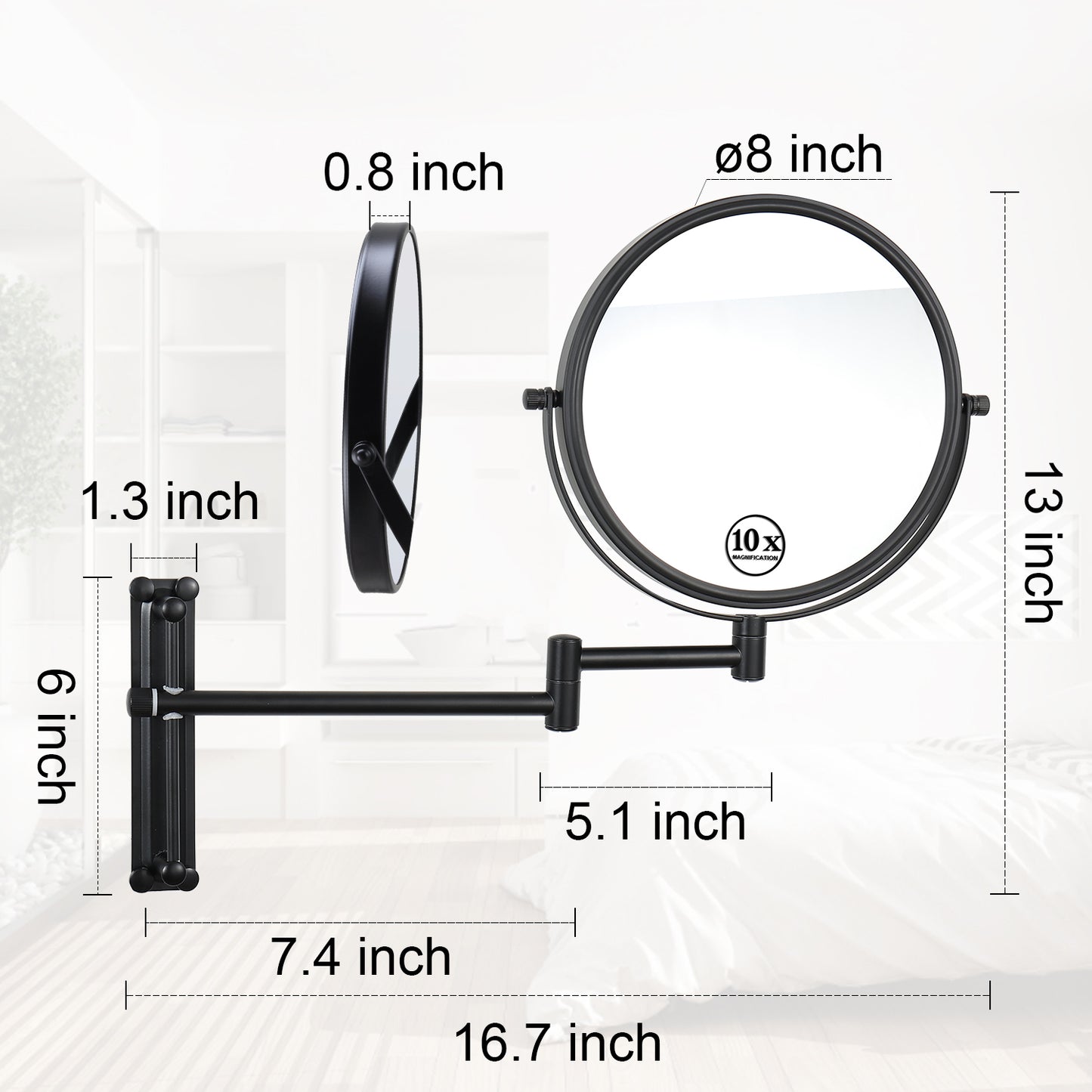 8-inch Wall Mounted Makeup Vanity Mirror, Height Adjustable, 1X / 10X Magnification Mirror, 360° Swivel with Extension Arm (Black)