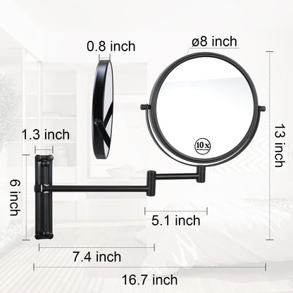 8-inch Wall Mounted Makeup Vanity Mirror, Height Adjustable, 1X / 10X Magnification Mirror, 360° Swivel with Extension Arm (Black)