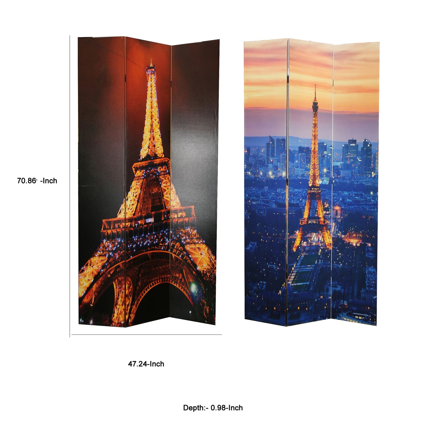 71 Inch 3 Panel Room Divider, EIFFEL TOWER Digital Print, Multicolor