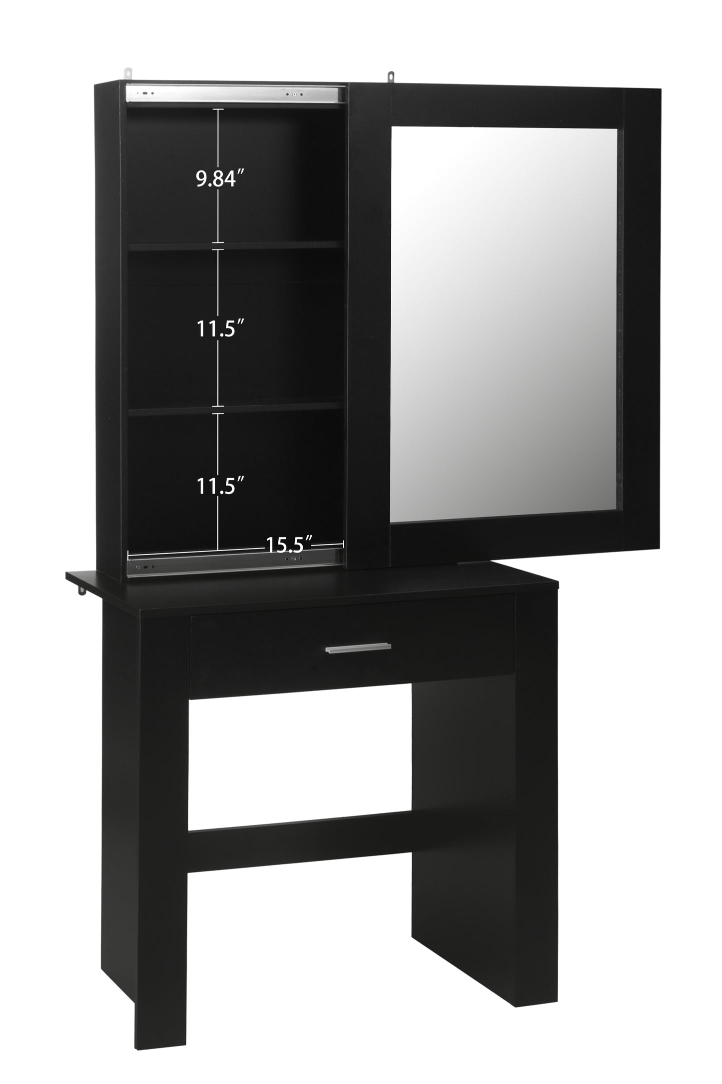 Vanity Desk with Mirror & Stool, Black Makeup Table with Storage Shelves & Drawer, Vanity Set for Girls Women