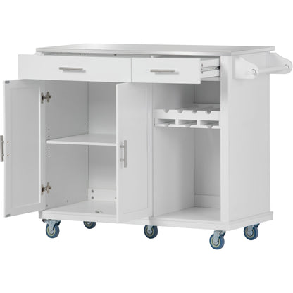 K&K Kitchen Cart with Stainless Steel Top and Storage Cabinet, Kitchen Island on Wheels with Two Drawers & Goblet Holder & Wine Rack & Spice Rack & Towel Holder, L51xW18xH37 Inches