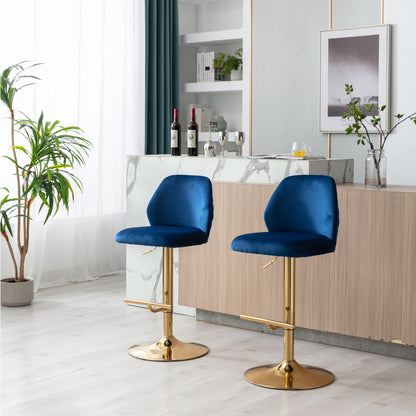 Swivel Bar Stools Chair Set of 2 Modern Adjustable Counter Height Bar Stools, Velvet Upholstered Stool with Tufted High Back & Ring Pull for Kitchen , Chrome Golden Base,Blue