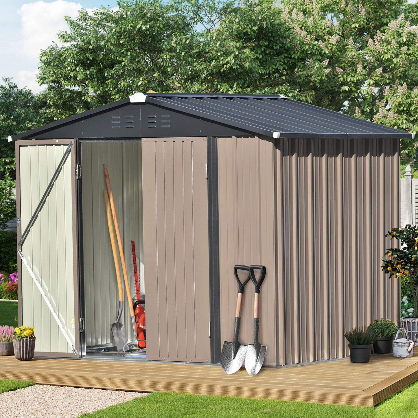 TOPMAX Patio 8ft x6ft Bike Shed Garden Shed, Metal Storage Shed with Lockable Doors, Tool Cabinet with Vents and Foundation Frame for Backyard, Lawn, Garden, Brown