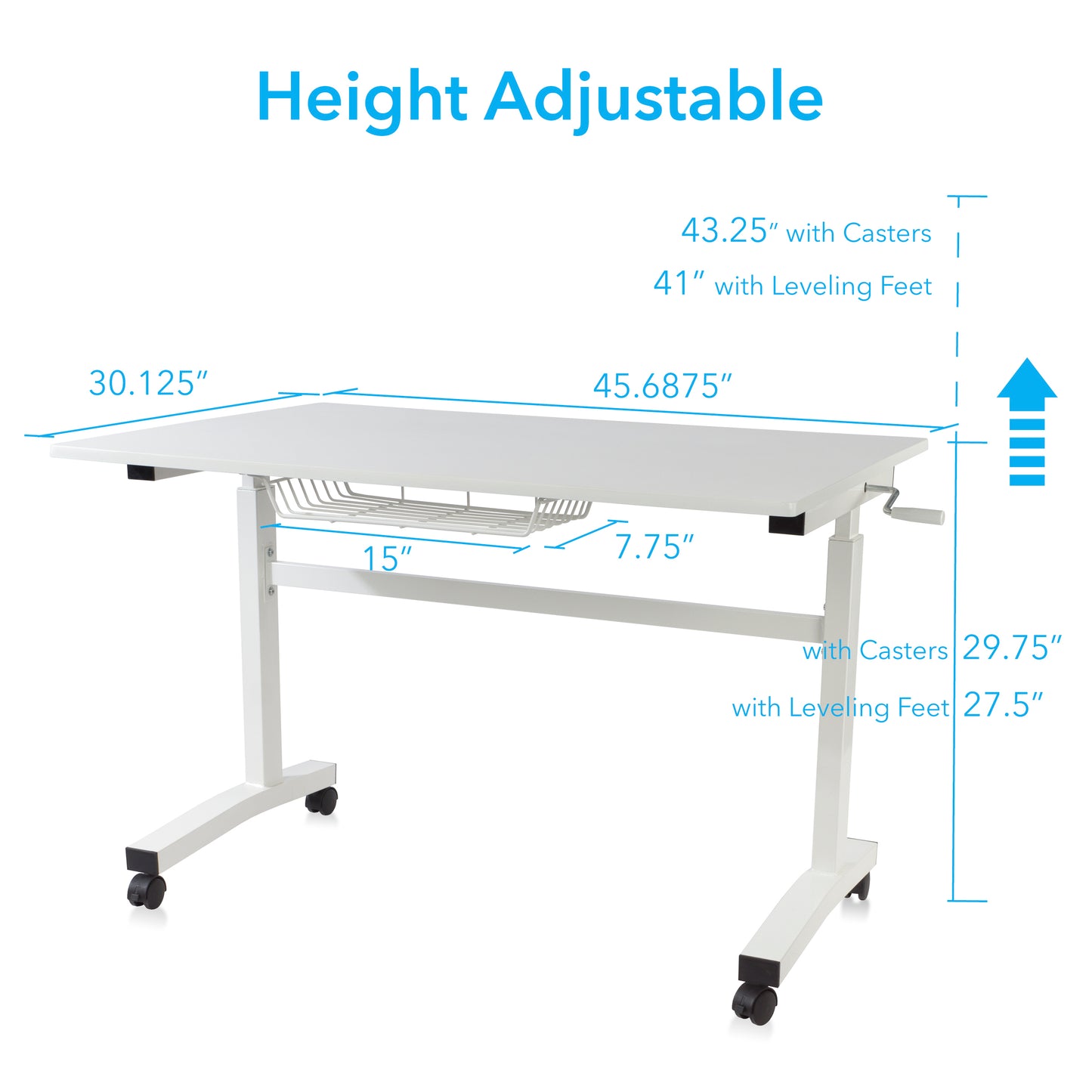 Atlantic Sit Stand Desk with Casters - White (Height Adjustable) with side crank (switchable either side, left or right side crank)