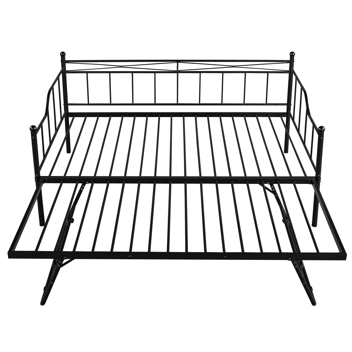 Full Size Metal Daybed with Twin Size Adjustable Trundle, Portable Folding Trundle, Black