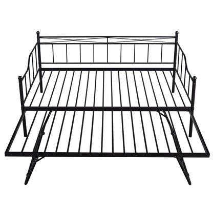 Full Size Metal Daybed with Twin Size Adjustable Trundle, Portable Folding Trundle, Black