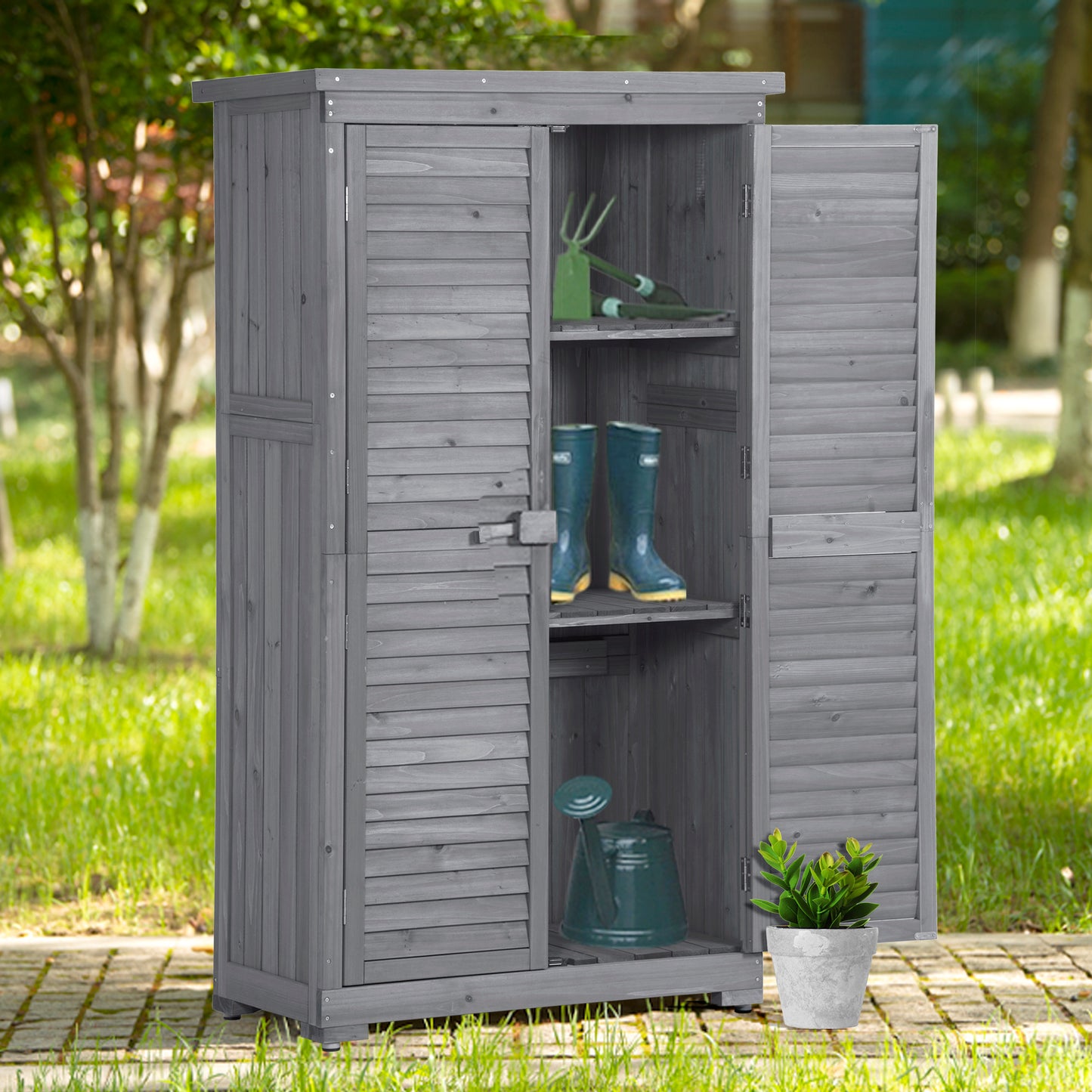 TOPMAX Wooden Garden Shed 3-tier Patio Storage Cabinet Outdoor Organizer Wooden Lockers with Fir Wood (Gray Wood Color -Shutter Design)