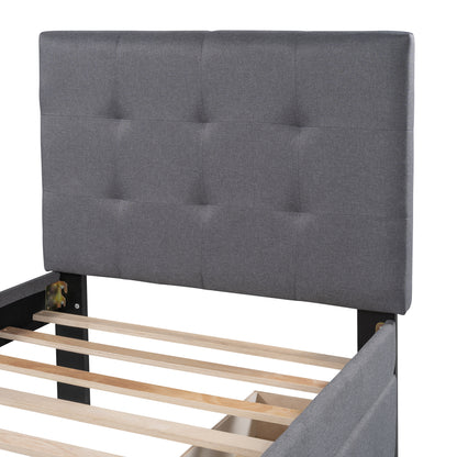 Linen Upholstered Platform Bed With Headboard and Two Drawers, Twin