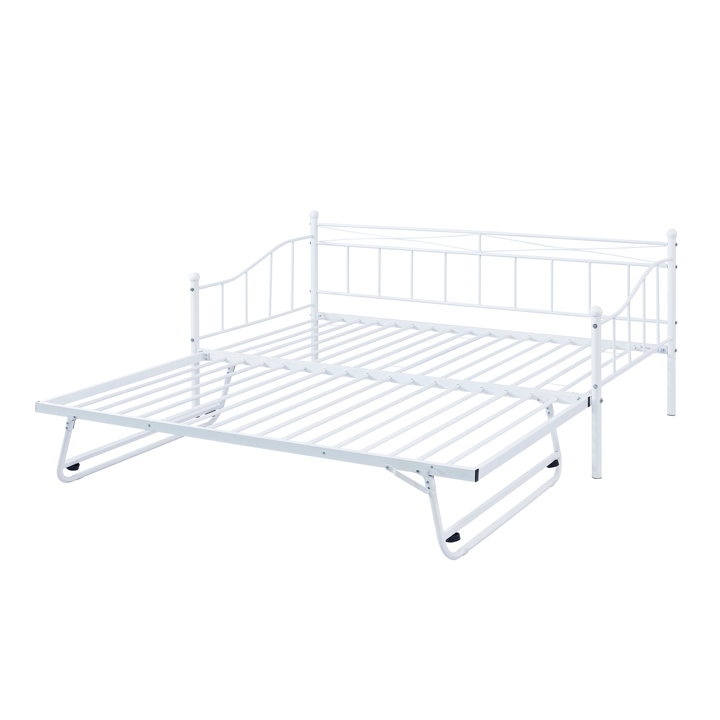 Twin Size Metal Daybed with Twin Size Adjustable Trundle, Portable Folding Trundle, White