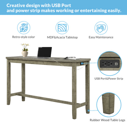 TOPMAX 4 Pieces Counter Height Table with Fabric Padded Stools,Rustic Bar Dining Set with Socket,Gray Green